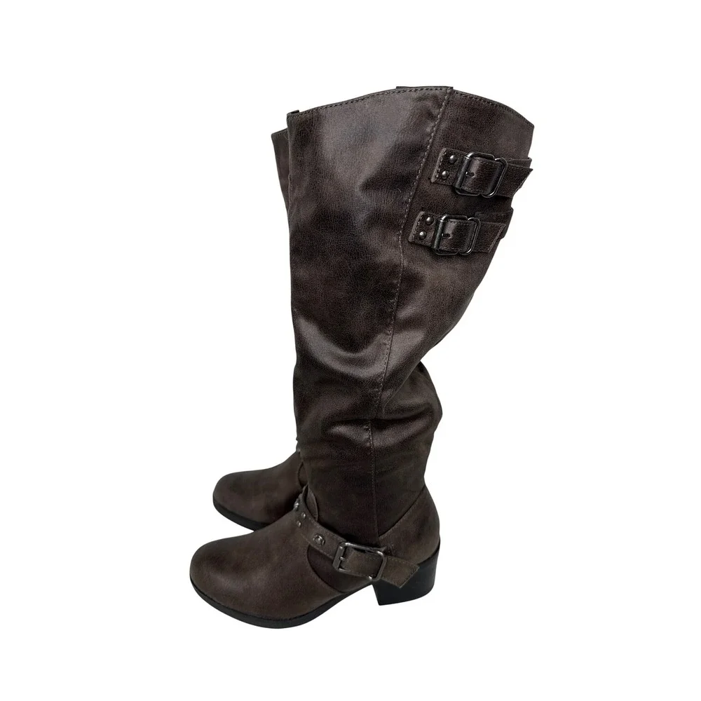 Carlos Santana Cara Knee High Boots Womens 6.5 Brown Fabric Buckle Stud Slouchy